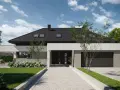 Nowoczesny dom z białymi i szarymi elementami, prezentujący różne rodzaje elewacji. Otoczony zielenią, z podjazdem z kostki brukowej.
