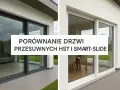 Porównanie drzwi przesuwnych HST i Smart-Slide. Dwa nowoczesne domy z dużymi przeszkleniami, ukazujące różne modele okien.