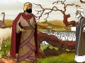König Saul, der von einem Hirten mit einer Kuh begleitet wird, weist einen Mann an, der eine Schafherde hütet. 1. Samuel 15,3.