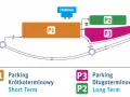 Schemat parkingu lotnisko Genewa: P1 (krótkoterminowy), P2 i P3 (długoterminowy) przy terminalu.