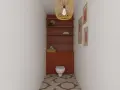 Un WC blanc est niché dans un alcôve aux murs rouge brique. Des étagères en bois flottent au-dessus, ornées d'objets décoratifs. Le sol est carrelé de cercles dans des tons terreux.
