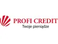 Logo PROFI CREDIT z hasłem "Twoje pieniądze". W tle czerwono-biały symbol.