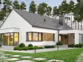 Nowoczesne domy parterowe do 120m2. Biały, minimalistyczny budynek z dużymi oknami i drewnianymi elementami, otoczony zielenią.
