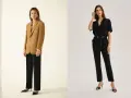 Eleganckie stylizacje do pracy: beżowa marynarka i czarne spodnie lub czarny kombinezon. Idealne, by wiedzieć, co ubrać na rozmowę kwalifikacyjną.