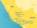Mapa pokazuje, gdzie jest Peru, z zaznaczonymi miastami: Lima, Cusco, Machu Picchu, Puno i Jezioro Titicaca.