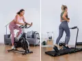 Left: Woman on a stationary bike. Right: Woman running on an incline treadmill.