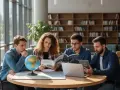 Studenci przy okrągłym stole z globusem i mapami. Zastanawiają się, jakie studia po maturze z geografii wybrać, analizując materiały.