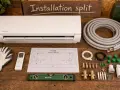 Tout le nécessaire pour installer la clim chez soi : unité intérieure, tuyaux, télécommande, niveau, gabarit de perçage et accessoires.