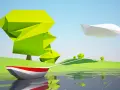 Łódka z czerwonym pasem na wodzie, w tle stylizowane drzewa i chmura w stylu low poly.