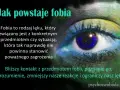 Oko z niebieską tęczówką, na którym widnieje tekst o tym, jak powstaje fobia. Fobia to lęk przed czymś, co nie stanowi zagrożenia.