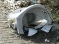 Złamana biała ceramika sedesu leży na chodniku i ziemi, otoczona gałęziami i śmieciami.