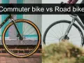 Split image shows a commuter bike with tan tires on the left and a road bike with slick tires on the right, highlighting their differences.