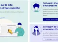 Illustration d'un site web présentant des informations sur l'attestation d'honorabilité, avec des icônes et des textes explicatifs.