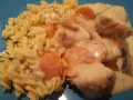 Blanquette de poulet Cookeo on fusilli pasta, with carrots and creamy sauce. A delicious and comforting meal.