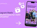 Instagram Reel-Symbol und ein Smartphone mit einer Gruppe von Menschen und Text.