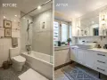 Före och efter-bild på ett badrum. Det nya badrummet har en modern känsla med ett stilrent handfat och vita skåp. Takskivor badrum är en del av den nya designen.