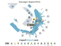 Plan lotniska Stavanger (SVG) z zaznaczonymi parkingami, bramkami, punktami odbioru/odwozu, hotelami i innymi udogodnieniami.
