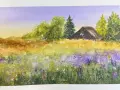 Photo aquarelle d'un paysage champêtre avec un ciel violet, des collines, des arbres et une petite maison.