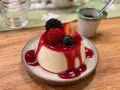 Cremige Panna Cotta mit Beeren und rotem Fruchtsirup auf einem Teller.
