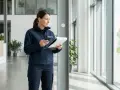 Sicherheitsmitarbeiterin mit Klemmbrett und Handy, bereit für ihre 12-Stunden-Schicht im Sicherheitsgewerbe.