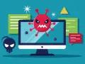 Un virus de internet ataca un ordenador. Un monstruo rojo con cara de enfado sale de la pantalla, mientras un skull hacker acecha.