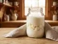 Ein Glas mit Kefir-Körnern und Milch steht auf einem Holztisch. Kefir ist ein fermentiertes Milchgetränk.