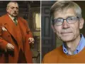 En målning av en man i orange kostym, bredvid ett porträtt av en man med glasögon. Kanske en anders zorn film?