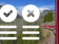 A red train winds through the Swiss Alps. A checkmark and an X overlay the scenic view, suggesting options for your Switzerland train pass.