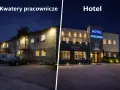 Dwa budynki nocą: kwatery pracownicze i hotel Mikunda.