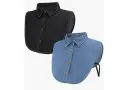 Due colletti staccabili in denim, uno nero e uno azzurro, perfetti per aggiungere un tocco casual ai tuoi outfit. Diversi tipi di colletto camicia donna.