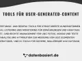 Tools für User-Generated-Content: Bewertung, Social Listening, Asset-Management, Webanalyse & KI-Tools. Die UGC Bedeutung wird durch diese Werkzeuge klar.