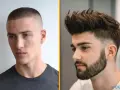 Dos hombres con peinados pelo corto: uno con corte buzz y el otro con un estilo moderno con degradado y tupé.