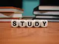 Kostki z literami "STUDY" na drewnianym blacie, obok stosów książek. Idealny temat rozprawki dla każdego ucznia.