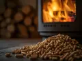 Montón de pellets de madera listos para insertar en la estufa, con leña apilada y fuego crepitante al fondo.