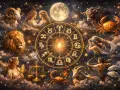 Zodiakalny krąg z symbolami i postaciami: Baran, Bliźnięta, Lew, Panna, Waga, Skorpion, Koziorożec, Ryby.