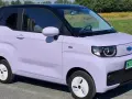 Jasnofioletowy, elektryczny **Exlantix** z czarnym dachem, zaparkowany na tle zieleni.