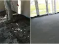 Praca nad wylewką: z jednej strony widać półsuchy beton na wylewkę, z drugiej gotową, gładką posadzkę.