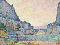 Paysage fluvial avec un berger et son troupeau, œuvre d'un peintre pointilliste. Les montagnes bleues et les maisons colorées se reflètent dans l'eau.