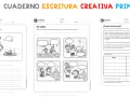 Ficha de escritura con actividades: un niño en parapente, un cómic para completar diálogos y un texto sobre crecer.
