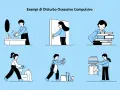Illustrazioni mostrano come comportarsi con un ossessivo compulsivo: lavarsi le mani, toccare maniglie, impilare libri, pulire oggetti, piegare vestiti.