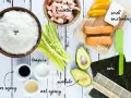 Wszystko, co do sushi: ryż, krewetki, łosoś, awokado, ogórek, mango, serek śmietankowy, nori, sos sojowy, ocet ryżowy i tempura.