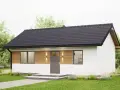 Nowoczesny dom z poddaszem użytkowym, tanie w budowie. Biała elewacja, drewniane panele, szary dach i drzwi.