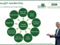 Diagramm zeigt, wie man Thought Leadership entwickelt: Ideen statt Produkte, Wissen bieten, Perspektiven vermitteln, klarer Fokus, Werte schaffen, Mut zur Ungewissheit, Relevanz für Zielgruppen, Engagement, Visualisierung.