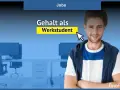 Ein junger Mann lächelt, während ein Mauszeiger auf "Gehalt als Werkstudent" zeigt. Im Hintergrund ein Büro.