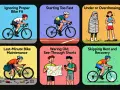 Six panels illustrate common cycling mistakes: ignoring bike fit, starting too fast, improper dressing, last-minute maintenance, wearing worn shorts, and skipping rest and recovery.