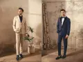 Uomo in due eleganti Harvey suits: uno color sabbia con sneakers, l'altro blu notte con mocassini.