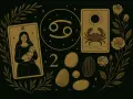 Symbol zodiaku Rak w okręgu, obok karty z krabem i matką z dzieckiem. Jak wygląda znak zodiaku Rak.