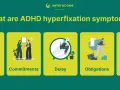 Hiperfiksacja co to? Obrazek przedstawia objawy ADHD: skupienie, zobowiązania, opóźnienia, obowiązki i myśli.