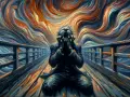 Un homme hurle, mains sur les oreilles, sur un pont. Le ciel tourbillonnant et les couleurs vives accentuent le **tableau la peur** de cette scène.