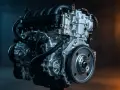Motore termico moderno, simbolo di efficienza e potenza. Dettagli metallici lucidi e tubi neri si intrecciano in un'opera di ingegneria.